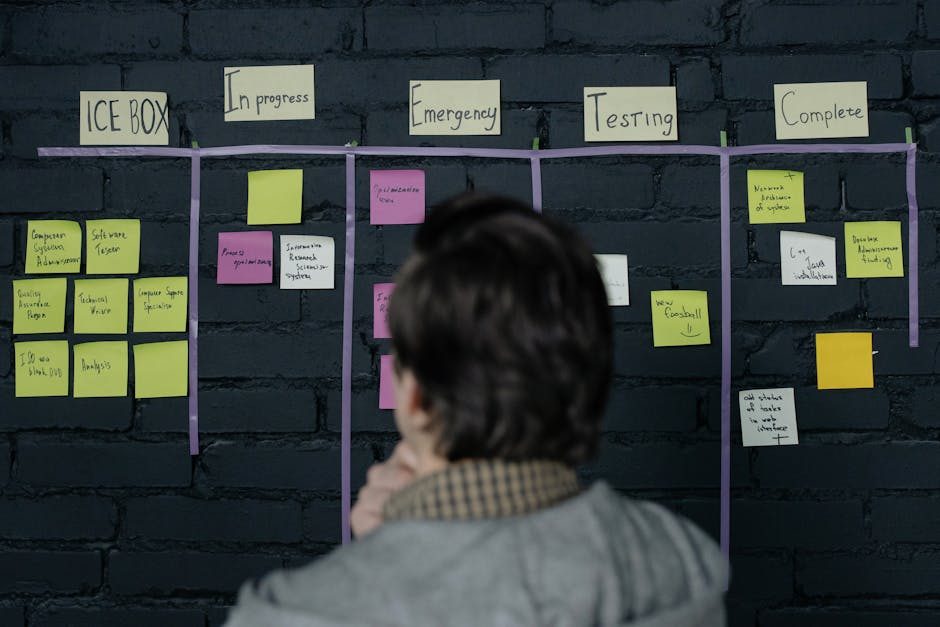 Top-down view of an office Kanban board with colorful sticky notes for task management and organization.