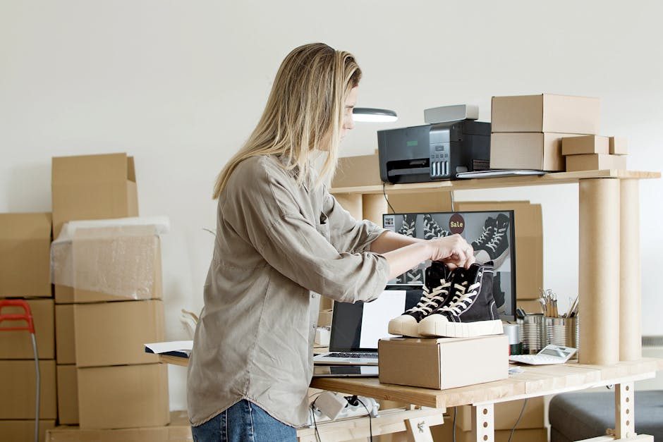 A young woman unpacks online shopping orders in a stylish modern kitchen, using her laptop for work.